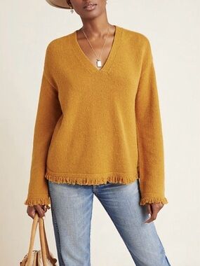 NWOT Anthropologie Wool Blend Mustard Golden V-Neck Joy Fringe-Hem Knit Sweater